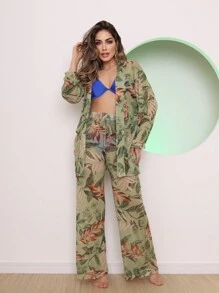 Women's Beach Blouse And Pants Set, Printed Tulle Beach Cover-Up - 墨綠色 - 查看 1