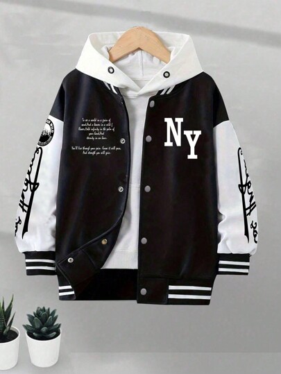 1pc Boys & Teens Casual Workout Vintage Solid Color Fleece Hooded Varsity Jacket With Printed Decor, Spring/Autumn/Winter
