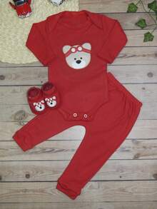 Baby Boy Set Long Bodysuit And Baby Pants With Aviator Teddy Bear Themed Shoes - 紅色 - 查看 2