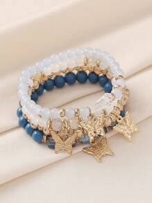 4pcs Bohemian Handmade Glass Beads Flower & Butterfly Charm Elastic Bracelets Set For Women, Beach Vacation Style, Butterfly Charm Can Be Randomly Positioned - Blue - View 5