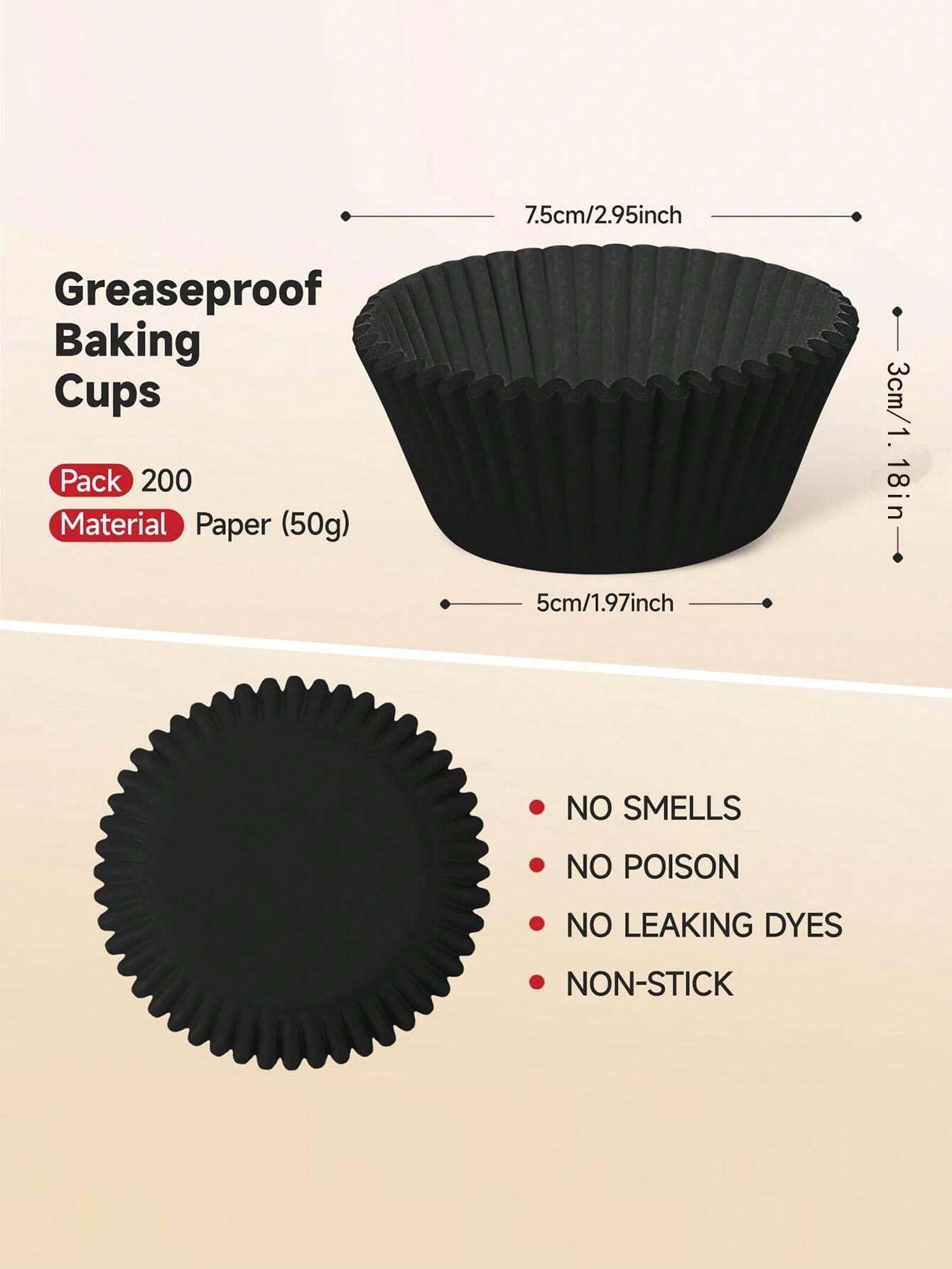 200 PCS Black Cupcake Liners Muffin Standard Size, Baking Cups