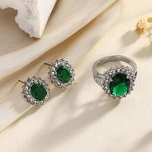 1 套时尚方晶锆石结婚戒指和耳环套装，铜材质，适合日常佩戴、聚会、节日赠送女友 - 綠色 - 查看 2