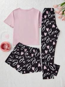 3-teiliges Pyjama-Set mit Buchstaben-, Herz- und Punktdruck, Rundhals-Kurzarmshirt + Shorts mit elastischem Bund + lässige Hose, bequeme Nachtwäsche, Damen Pyjama- und Loungewear-Set