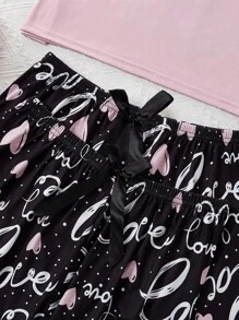 3-teiliges Pyjama-Set mit Buchstaben-, Herz- und Punktdruck, Rundhals-Kurzarmshirt + Shorts mit elastischem Bund + lässige Hose, bequeme Nachtwäsche, Damen Pyjama- und Loungewear-Set