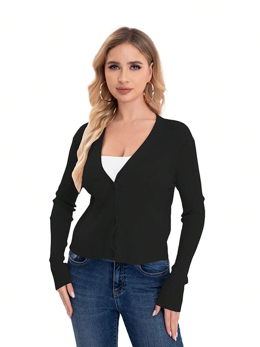 Sueter de botones de manga larga cuello v - Negro - Ver 1
