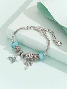 1 chiếc vòng tay bằng đồng đính hạt xanh tự làm hình nàng tiên cá mini phong cách Châu Âu & Mỹ, ngọc trai, cây sự sống, trái tim khảm - Nhiều màu - Xem 2