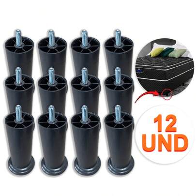 Kit 12 Pés de Cama Box 12cm Cabeceira Pezinho Plástico Com Parafuso Resistente