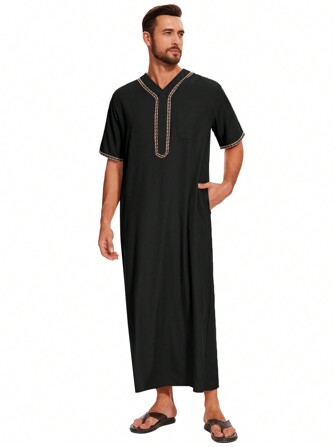 男士短袖长袍，春夏季花卉印花长袍，阿拉伯服装