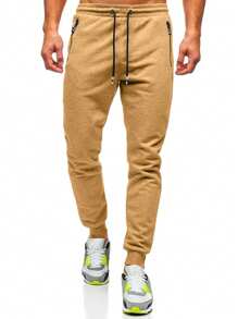 3 Pcs Men's Jogger Sweatpants With Zipped Pockets Drawstring Regular Fit Sweatpants For Running Gym Workout - 黑色+淺灰色+卡其色 - 查看 8