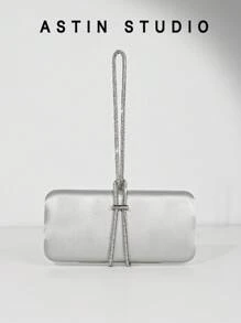 1pc Sparkling Rhinestone Decor Box Shape Evening Bag, Satin Formal Party Purse, Fashion Formal Clutch Handbag With Chain For Dress, Wedding, Party