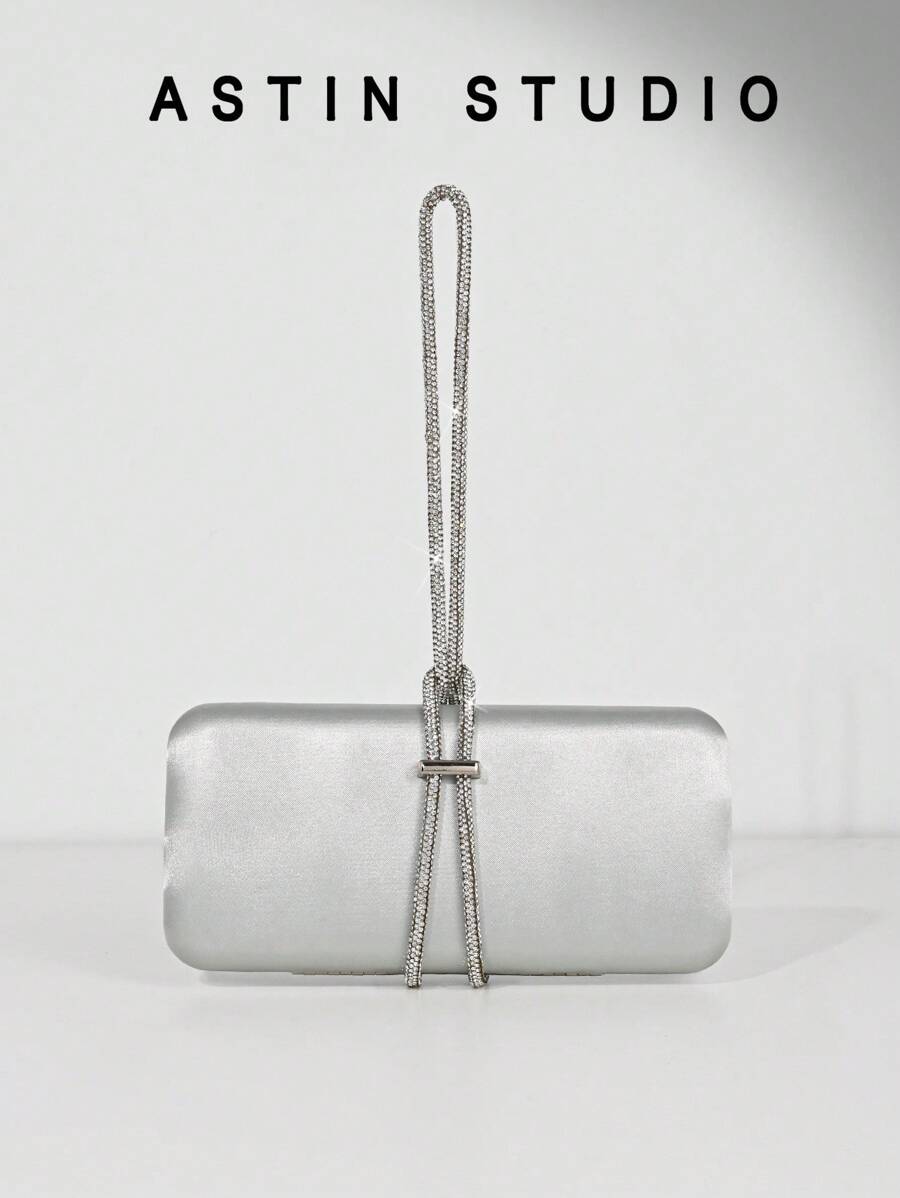 1pc Sparkling Rhinestone Decor Box Shape Evening Bag, Satin Formal Party Purse, Fashion Formal Clutch Handbag With Chain For Dress, Wedding, Party