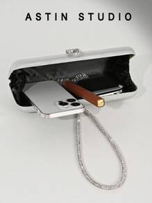 1pc Sparkling Rhinestone Decor Box Shape Evening Bag, Satin Formal Party Purse, Fashion Formal Clutch Handbag With Chain For Dress, Wedding, Party