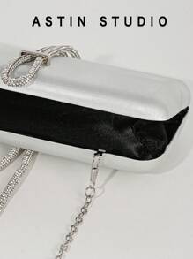 1pc Sparkling Rhinestone Decor Box Shape Evening Bag, Satin Formal Party Purse, Fashion Formal Clutch Handbag With Chain For Dress, Wedding, Party
