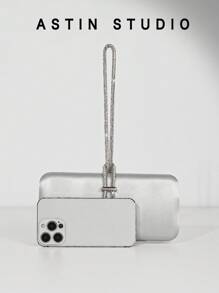 1pc Sparkling Rhinestone Decor Box Shape Evening Bag, Satin Formal Party Purse, Fashion Formal Clutch Handbag With Chain For Dress, Wedding, Party