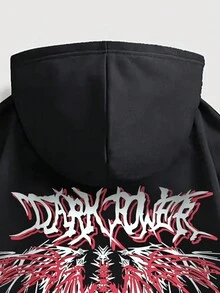 设计印花袋鼠口袋连帽运动衫休闲长袖套头帽衫男士，适合秋冬季 - 黑色 - 查看 3