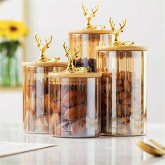 1 pieza/3 piezas Tarro de vidrio elegante con tapa y cuchara de bambú - Almacenamiento de cocina hermético para especias, arroz, café, caramelos | Vidrio grueso, reutilizable, lavar a mano | Empaque de perlas artificiales