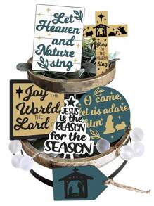 6 件圣诞木制分层托盘装饰耶稣诞生场景装饰 - “欢乐的世界，主已降临” - 室内/室外餐桌中心装饰，乡村农舍托盘套装适用于厨房家居餐桌迷你装饰圣诞派对装饰，节日礼物（不含托盘） - 彩色 - 查看 7