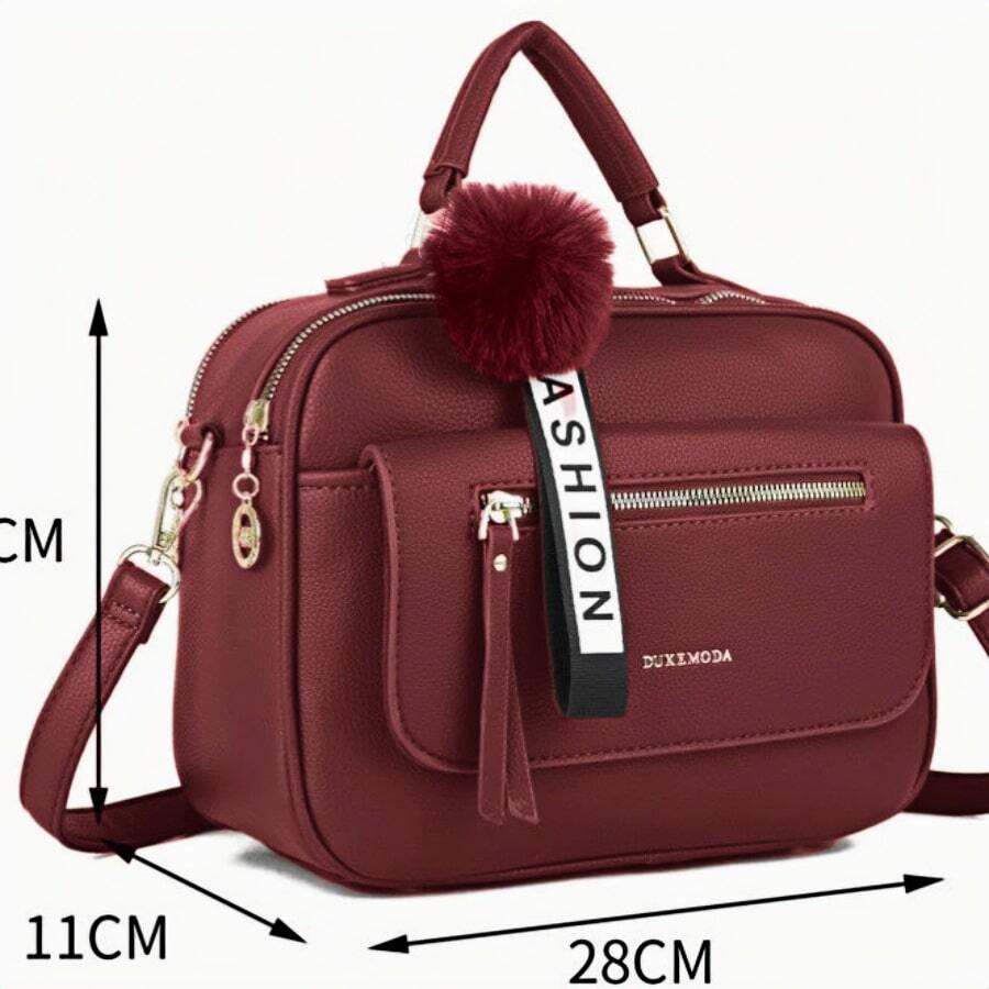 Women's Bag With Pompom Keychain Shoulder Strap Leather Crossbody Hand Strap - 紅色 - 查看 1