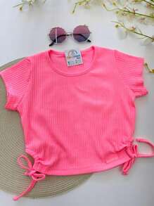 Children's Blouse T-Shirt Blouse Ribbed Knit Pink Black Poly - 粉色 - 查看 1