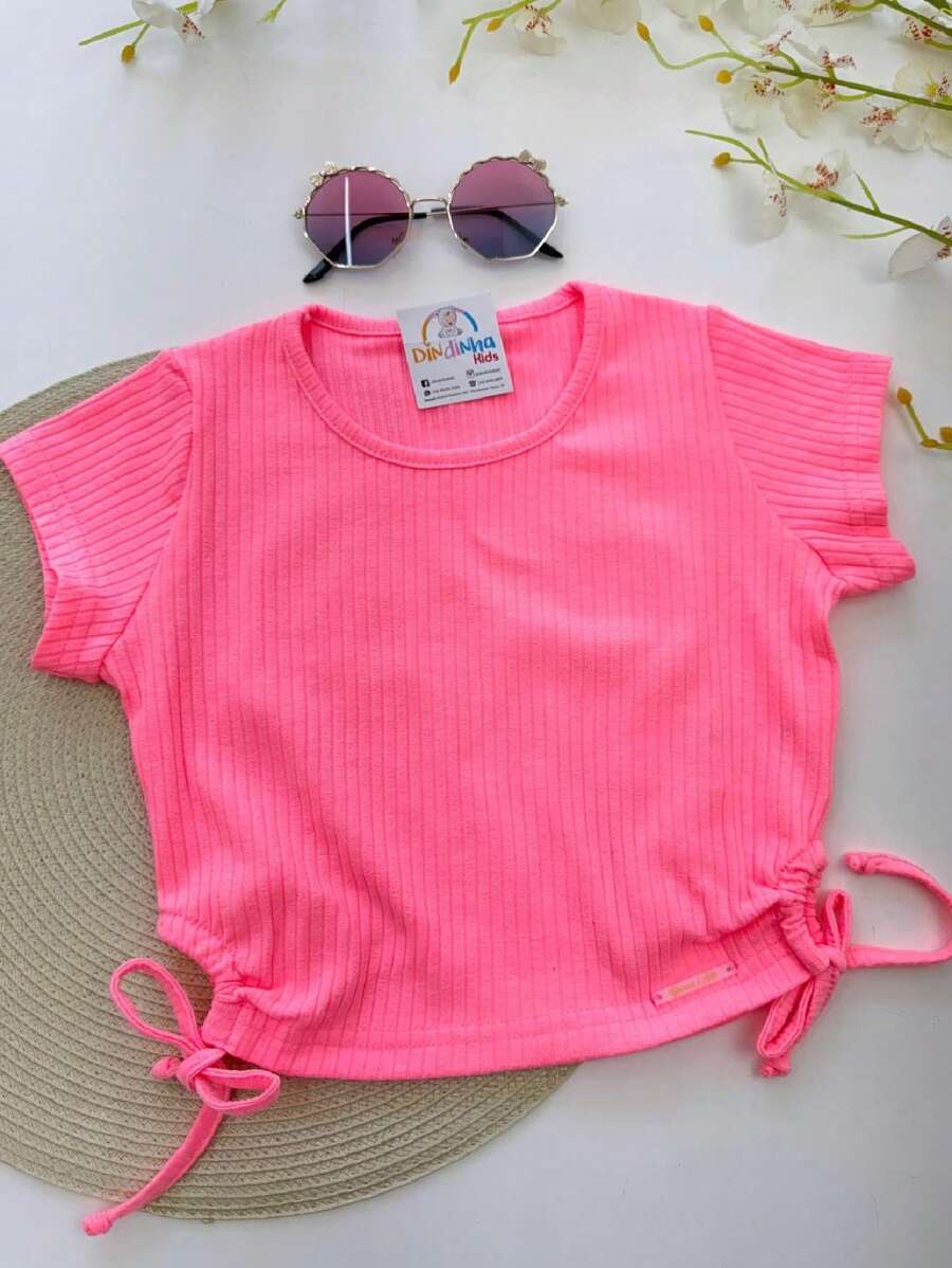 Children's Blouse T-Shirt Blouse Ribbed Knit Pink Black Poly - 粉色 - 查看 1