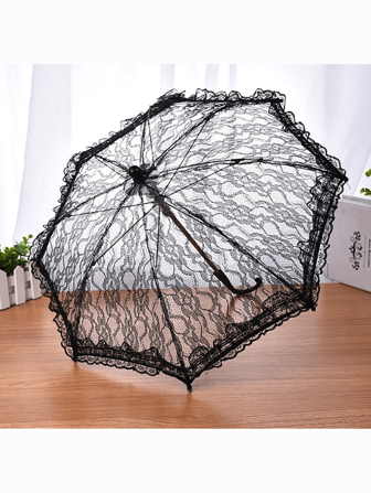 1pc Polyester Lace Trim Bridal Parasol, Wedding Supplies, Photography Prop, Suitable For All Seasons