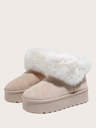 Women's Solid Color Fluffy Collar PVC Bottom Snow Boots, Vacation Style, Warm Beige Winter Thermal Lined Slip-On Short Boots