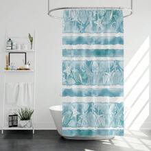 1 件水彩风格海洋贝壳和海星设计涤纶面料浴帘，防水防霉，可用作浴室隔断，配有塑料挂钩和金属索环，经久耐用 - 彩色 - 查看 4