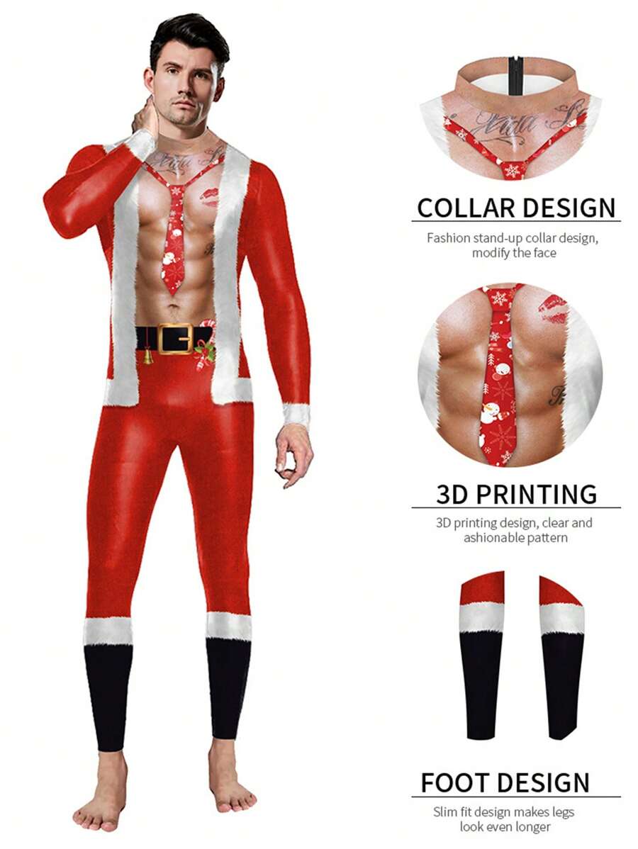 数码印花圣诞派对服装连体裤，男女通用 - 紅色 - 查看 1