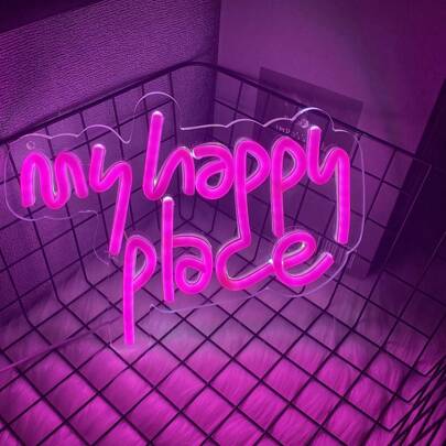 我的快乐之地霓虹灯标志，LED 点亮我的快乐之地标志用于墙壁装饰粉色霓虹灯霓虹灯字母房间美学配件、圣诞礼物、派对装饰。