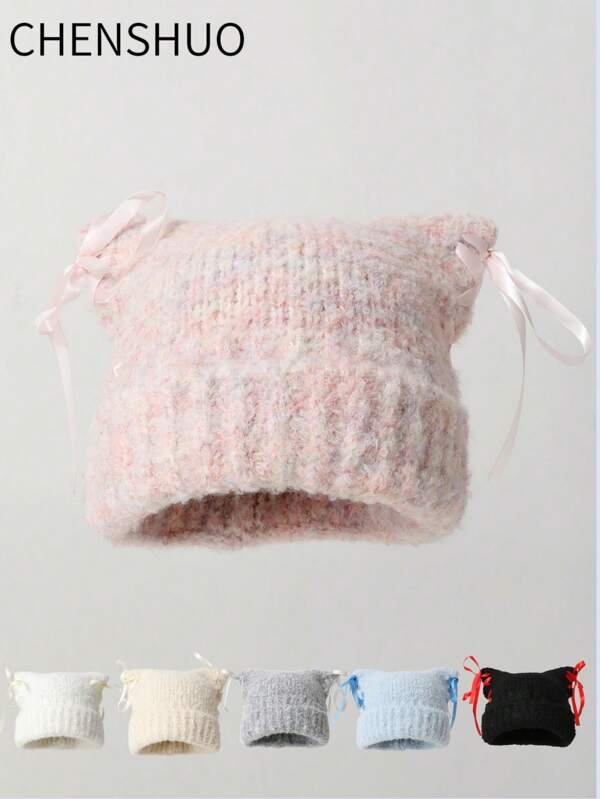 1pc Women's Cartoon Ear Hand Crochet Knit Hat, Warm For Winter, Suitable For Outdoor Sports And Daily Outfit Matching Valentine's Day