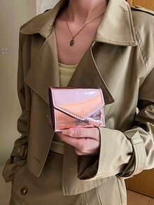 1 chiếc ví gấp đôi nhỏ gọn bằng da PU bóng chắc chắn thời trang dành cho phụ nữ sử dụng hàng ngày và túi đựng đồ hẹn hò Quà tặng Giáng sinh Quà tặng Lễ Tạ ơn cho phụ nữ Màu hồng - Hồng - Xem 5