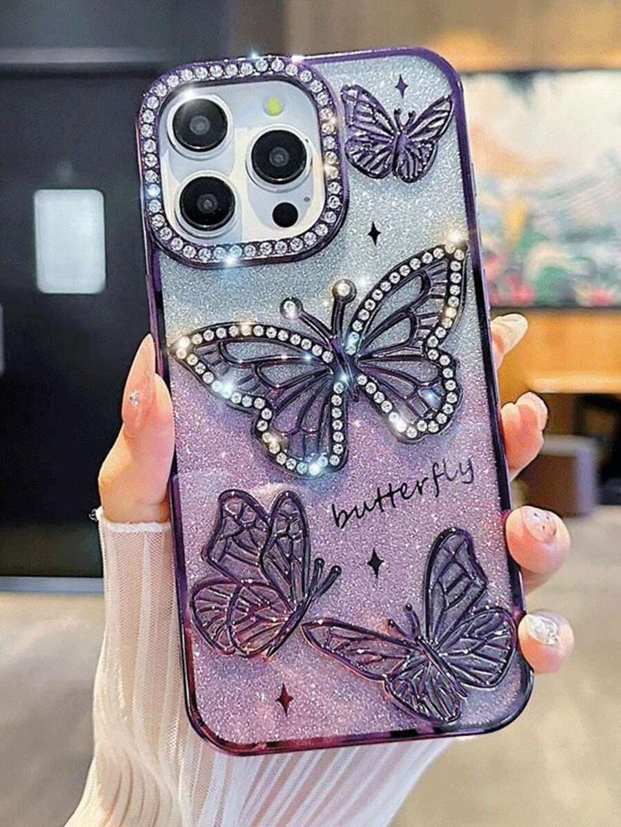 Premium Gradient Glitter Electroplated 3D Rhinestone Butterfly Full Coverage Anti-Drop Phone Case, Compatible With Iphone 16 Pro Max, 17/17 Pro/17 Pro Max Waterproof Shockproof Scratch Resistant