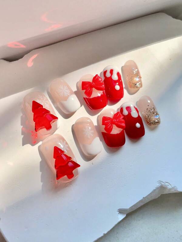 10 piezas Uñas postizas cuadradas medianas hechas a mano, uñas postizas simples y de estilo navideño, uñas blancas y rojas, diseños de Navidad, prólogo rojo, árbol, lazo, removibles y reutilizables, incluye 1 pieza de pegamento de gel y 1 pieza de lima de uñas, adecuado para vacaciones, trabajo, escuela, citas, fiestas, bailes.