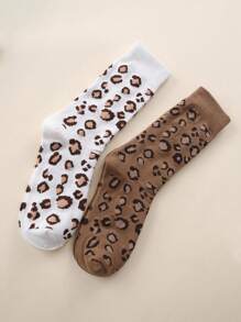 2 双豹纹图案女士时尚个性化中筒袜，适合日常使用