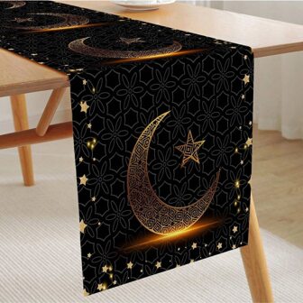 1 件月亮图案斋月桌旗，经典简约风格亚麻状矩形防滑且易于清洁的桌布，适用于派对节日餐厅厨房伊斯兰家居装饰。