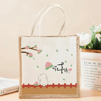 1pc Cartoon Artistic Handheld Snack Bag Lunch Box Bag, Simple Linen Women Tote Bag For Outing Shopping, Linen Hand Carry Bag, Lunch Box Bag, Gift Bag