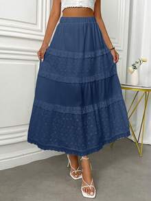 Women's Long Cotton Lined Ruffle Skirt With Gripir Details And Elastic Waistband - 藏蓝色 - 查看 5