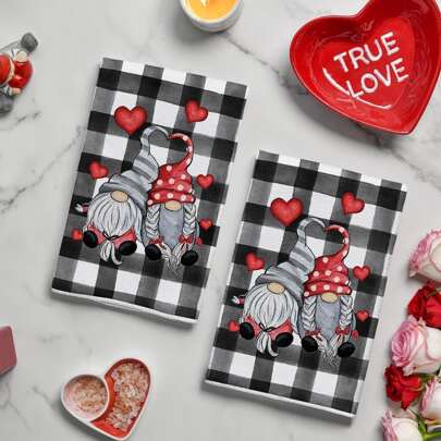 Set Of 2 Contemporary Microfiber Dish Towels - Super Soft, Machine Washable, Knit Fabric Kitchen Hand Towels With Love-Theme Gnome Design, 18x26 Inches - Polyester Dish Cloths For Home Decor,Dining Room And Kitchen Decor,Home Decor ,Party Decor
