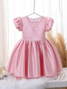 Little Girls Elegant Ruffle Pearl Embellished Princess Dress, For Wedding, Party, Birthday - Pink - View 1