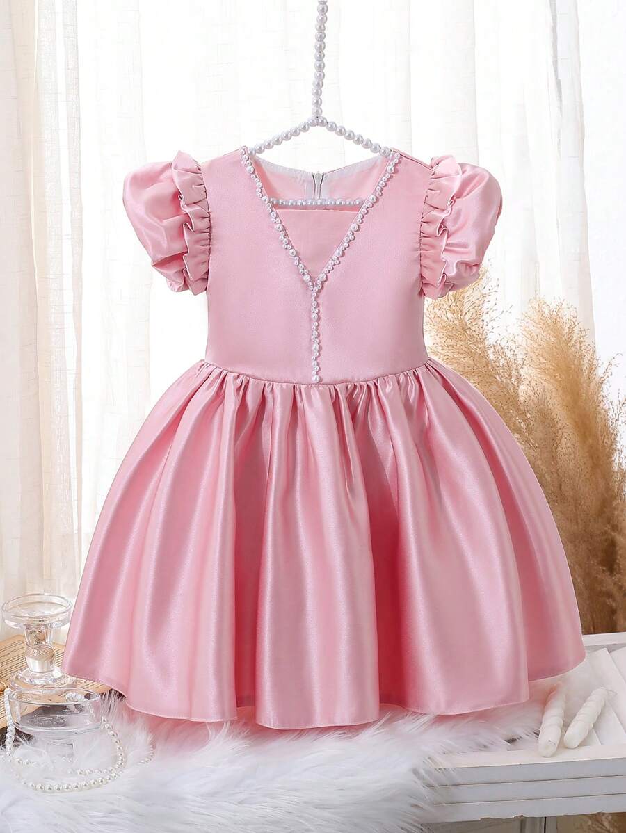 Little Girls Elegant Ruffle Pearl Embellished Princess Dress, For Wedding, Party, Birthday - Pink - View 1