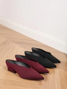 Klassieke muiltjes met puntige neus, dikke hakken, elegant en comfortabel voor op kantoor en tijdens de vakantie, dames zwarte gestreepte stof en PU, hoge hakken zonder achterkant, asymmetrische hakken