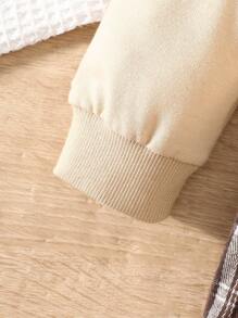 1 件年轻女孩休闲“我的猫”字母蝴蝶结猫图案柔软针织长袖运动衫格子连衣裙，秋冬 - 杏色 - 查看 5