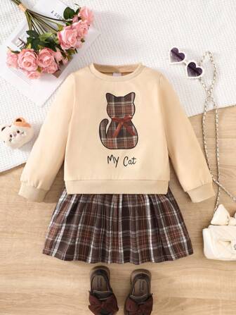 1pc Young Girl Casual "My Cat" Letter Bow Cat Graphic Soft Knit Long Sleeve Sweatshirt Plaid Dress, Autumn/Winter