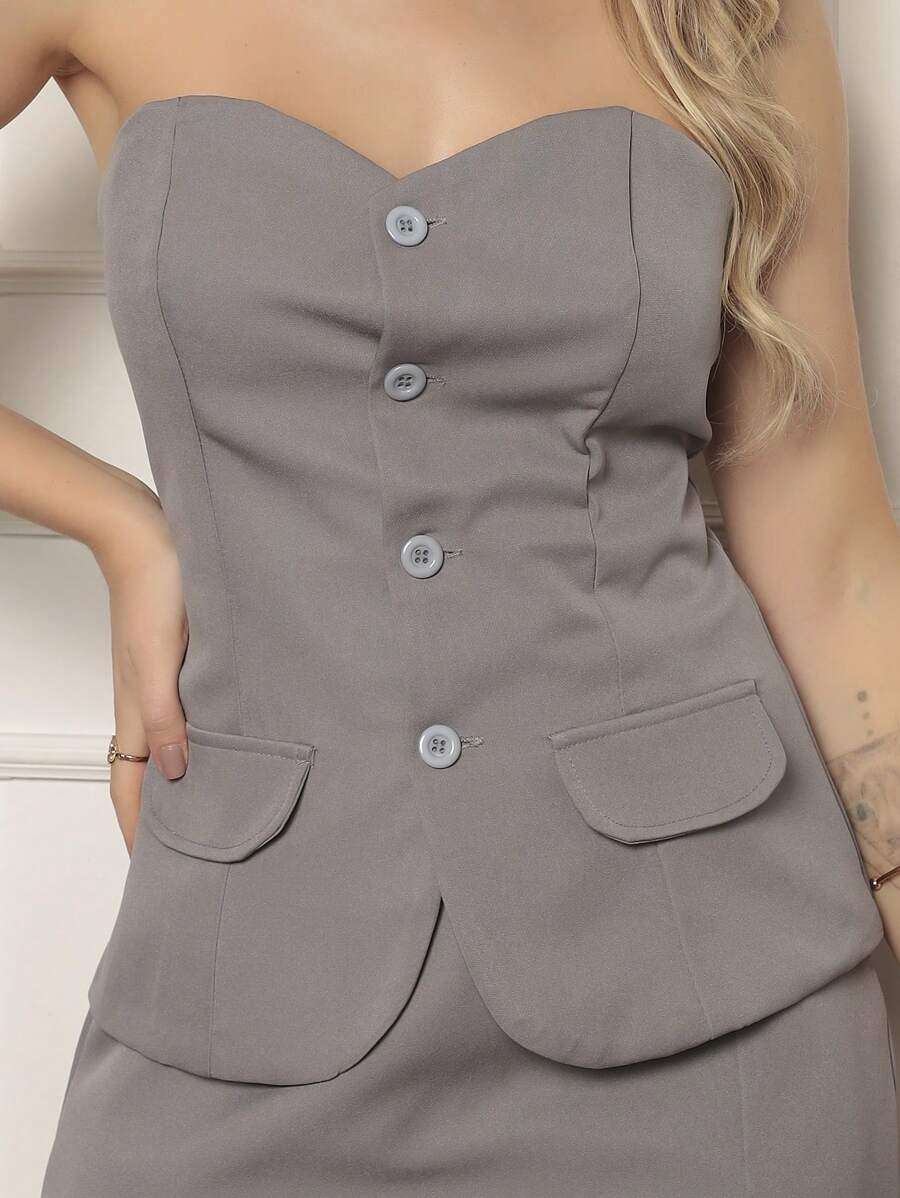 Strapless Tailored Set With Short Skirt - Grey - View 1