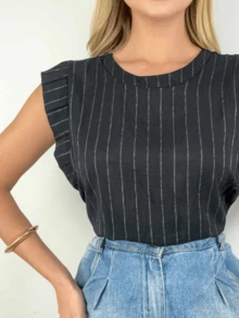 Women's Blouse With Stripes And Ruffles - màu đen - Xem 2