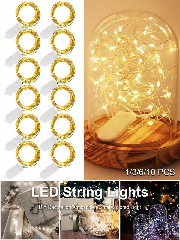 10/12 pièces Mini guirlandes lumineuses avec fil argenté - 1/3/6 pièces de 2 m de long. Chaque guirlande inclut 2 piles bouton. Pour le DIY, les cadeaux décoratifs, les fleurs, les fêtes, Noël, les mariages. Guirlandes lumineuses LED scintillantes étanches pour l'extérieur, ajoutent une ambiance romantique. Décoration pour la Saint-Valentin, les fêtes, les cadeaux de Nouvel An.