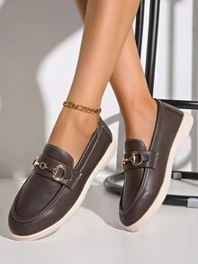 女士简约时尚闪亮装饰平底乐福鞋，2024新款春秋圆头轻便防滑厚底休闲一脚蹬牛津鞋，英伦风低帮休闲驾车鞋 - 咖啡棕 - 查看 2