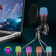 Microfone de Condensador Diafragma Pequeno USB para Streaming de Podcast em PC com Iluminação RGB, Tripé, Filtro Anti-Pop, Conectividade USB-C, Plug and Play