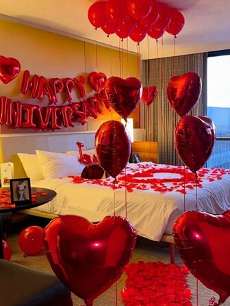 Mtrong Te 1Set Red Anniversary Happy Decoration Anniversary Happy Banner Heart Shaped Aluminum Foil Balloons For Valentine's Day Anniversary Happy Decoration Wedding Bachelor Party