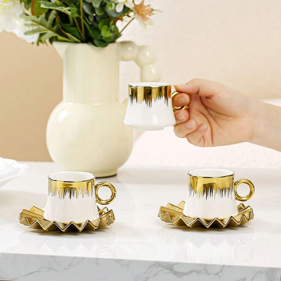 1 Set 2pcs Electroplate Gold/Silver/White Ceramic Coffee Mug & Saucer, 90ml Capacity Back To School - Multicolor - View 1